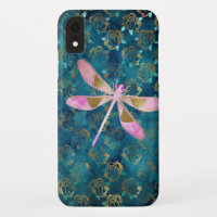 Pink Rose Gold Dragonfly on Turquoise Blue Foil