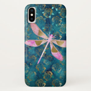 Pink Rose Gold Dragonfly on Turquoise Blue Foil Case-Mate iPhone Case