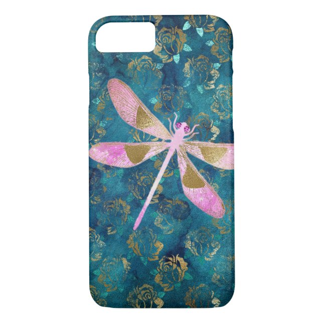 Pink Rose Gold Dragonfly on Turquoise Blue Foil Case-Mate iPhone Case (Back)