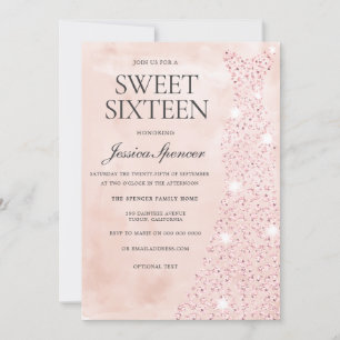 Pink Rose Gold Dress Glitter Sweet 16 Party Invitation