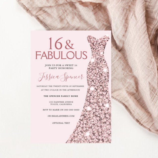 Pink Rose Gold Dress Sweet 16 Birthday Party Invitation (Creator Uploaded)