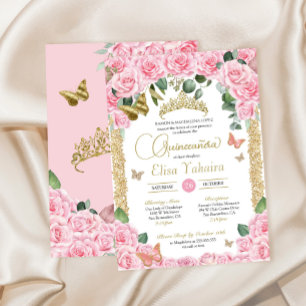 Pink Rose & Gold Elegant Butterfly Quinceanera Invitation