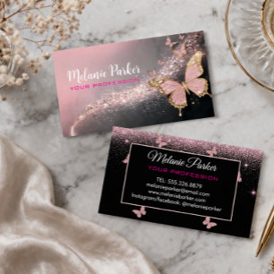 Pink Rose Gold Elegant Glitter Butterfly Business Card