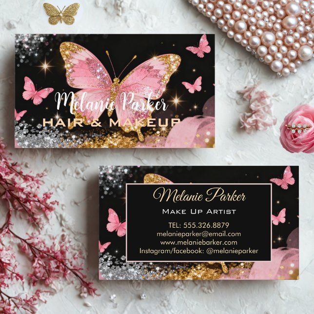Pink Rose Gold Elegant Glitter Butterfly Business Card (Creator Uploaded)