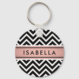 Pink Rose Gold Faux Foil Black White Chevron Name Key Ring