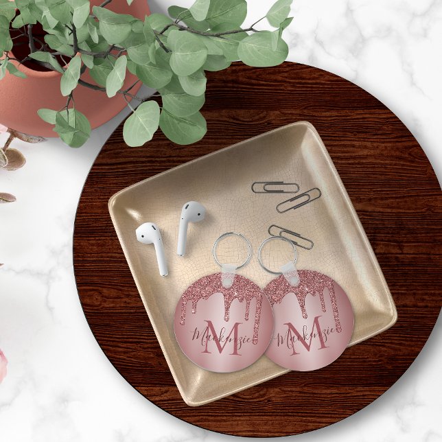 Pink Rose Gold Faux Glitter Drips Monogram Key Ring (Creator Uploaded)