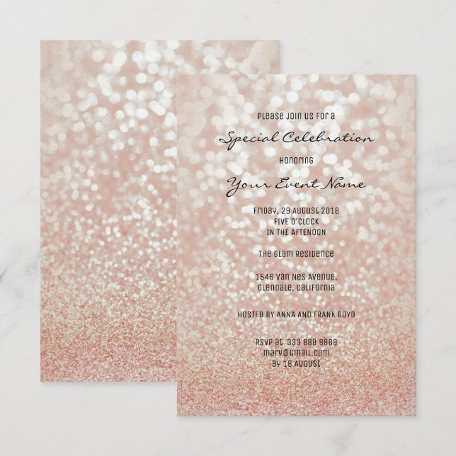 Pink Rose Gold Faux Glitter Silver Minimal Formal Invitation (Front/Back)