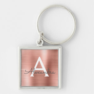 Pink Rose Gold Faux Stainless Steel Monogram Key Ring