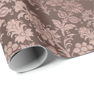 Pink Rose Gold Floral Cottage Damask Bronze Powder Wrapping Paper