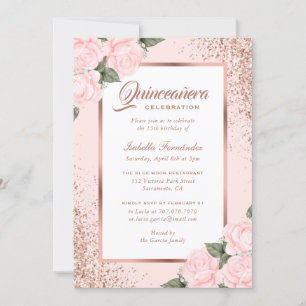 Pink Rose Gold Floral Quinceañera Invitation