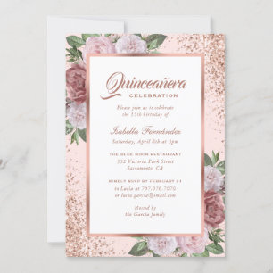 Pink Rose Gold Floral Quinceañera Invitation