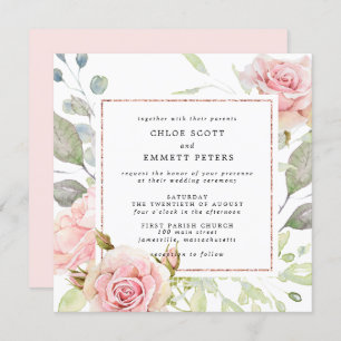 Pink Rose Gold Floral Square Wedding Invitation