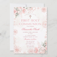 Pink Rose Gold Floral Winter First Holy Communion
