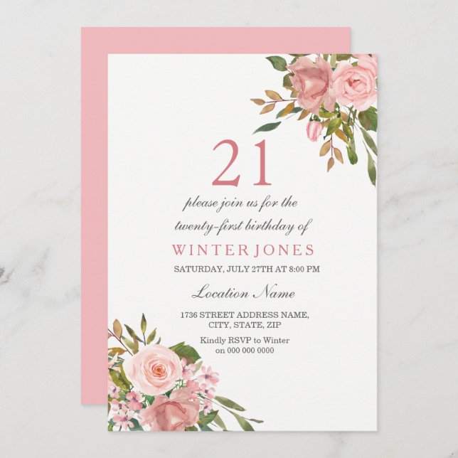 Pink Rose Gold Flowers 21st Birthday Party Invite (Front/Back)