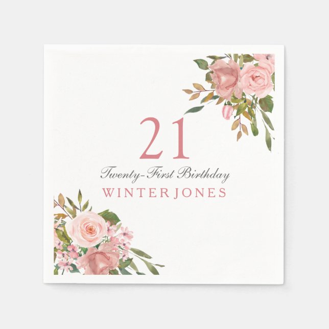 Pink Rose Gold Flowers 21st Birthday Party Napkins (Front)