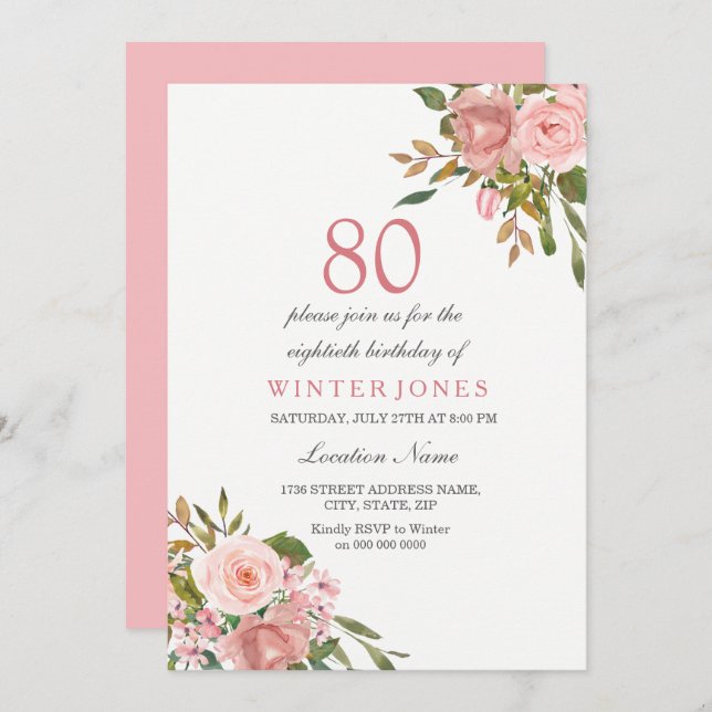 Pink Rose Gold Flowers 80th Birthday Party Invite (Front/Back)