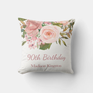 Pink Rose Gold Flowers 90th Birthday Party Gift Cushion