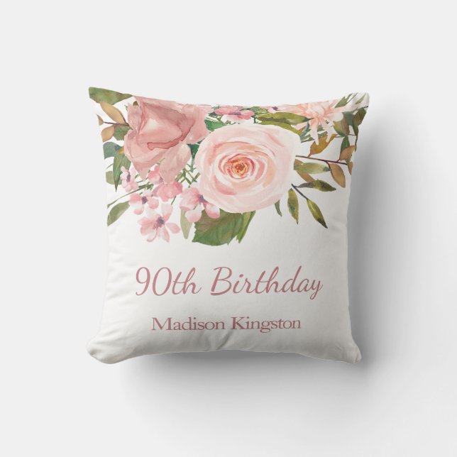 Pink Rose Gold Flowers 90th Birthday Party Gift Cushion (Front)