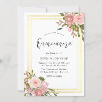 Pink Rose Gold Flowers Double Border Quinceanera
