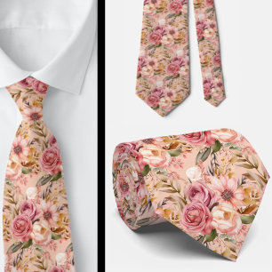 Pink Rose Gold Flowers Floral Neck Tie
