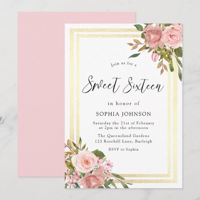 Pink Rose Gold Flowers Gold Border Sweet Sixteen Invitation (Front/Back)