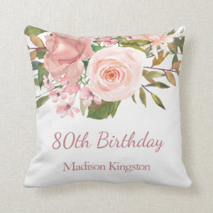 Pink Rose Gold Flowers Womans 80th Birthday Gift Cushion