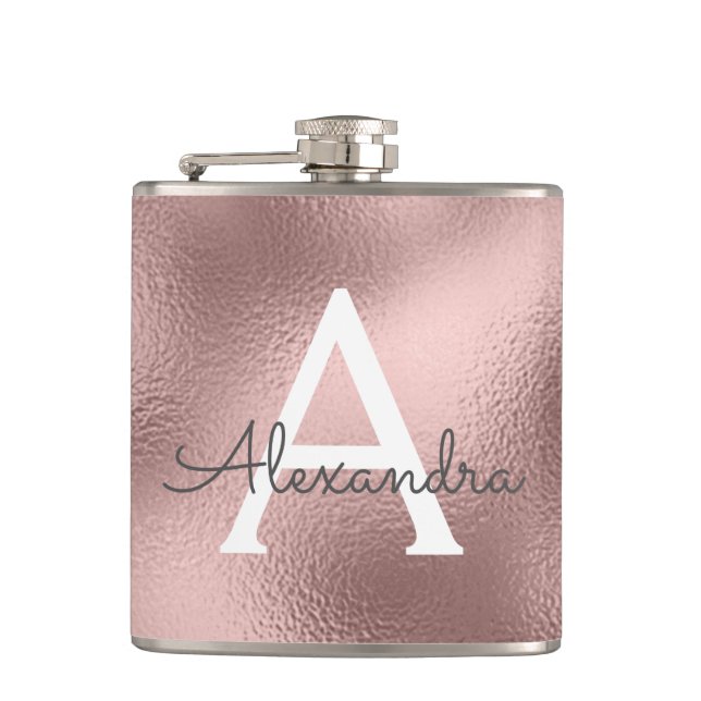 Pink Rose Gold Foil and Sparkle Monogram Hip Flask (Front)