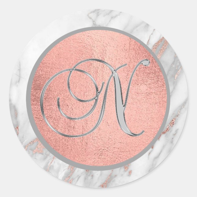 PINK ROSE Gold FOIL Marble Monogram LETTER 'N' Classic Round Sticker (Front)