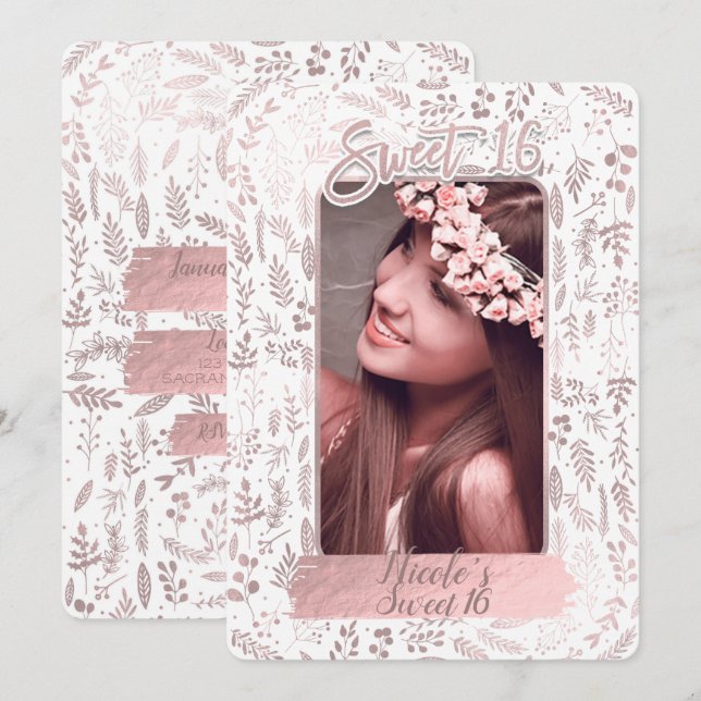 Pink Rose Gold Foil Modern Sweet 16 Birthday Photo Invitation (Front/Back)