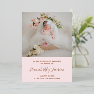 Pink Rose Gold Foil Photo Girl Birth Announcement