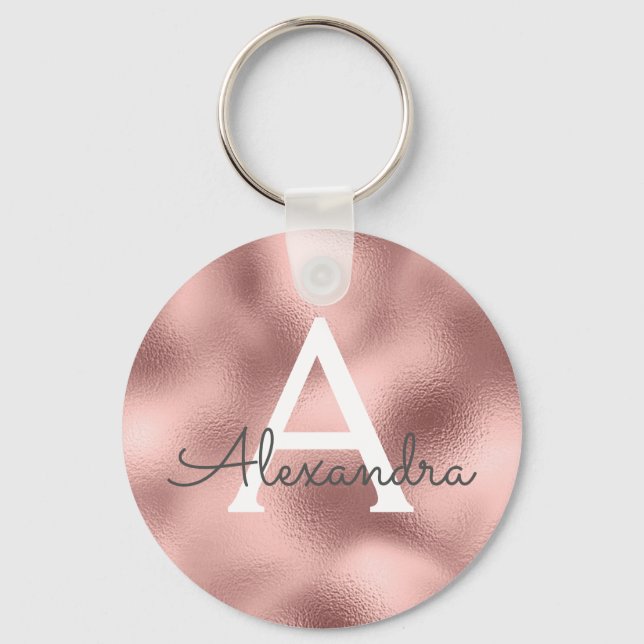 Pink Rose Gold Foil & Sparkle Monogram Key Ring (Front)
