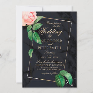Pink rose & gold frame floral Wedding Invitation