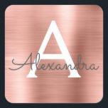 Pink Rose Gold Girly Metallic Monogram Square Sticker<br><div class="desc">Blush Pink Rose Gold Faux Girly Metallic Stainless Steel Elegant Sticker. This sticker can be customised to include your initial and first name for a birthday,  bridal shower or wedding gift package.</div>