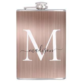 Pink Rose Gold Girly Monogram Brushed Steel Metal Hip Flask