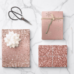 Pink Rose Gold Glam Glitter Snowflake   Wrapping Paper Sheet