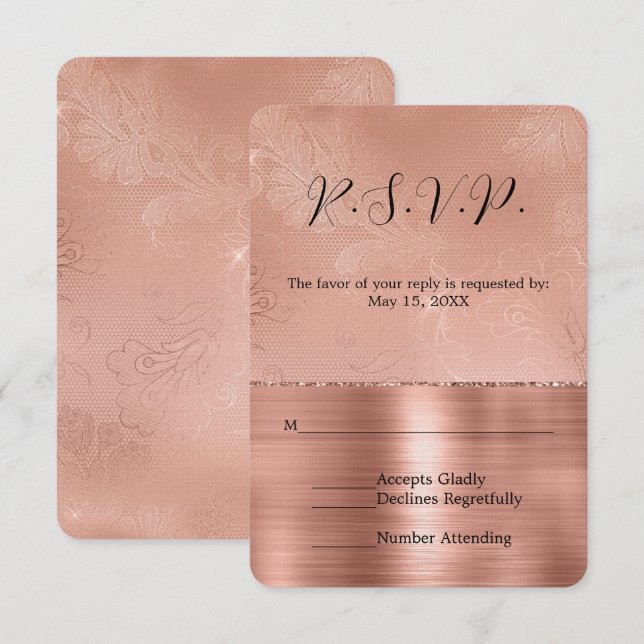 Pink Rose Gold Glam Lace Wedding RSVP Card (Front/Back)