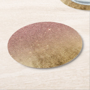 Pink Rose Gold Glitter and Gold Foil Mesh Round Paper Coaster