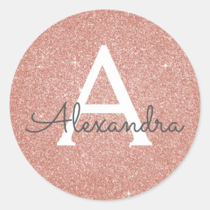 Pink Rose Gold Glitter and Sparkle Monogram Classic Round Sticker