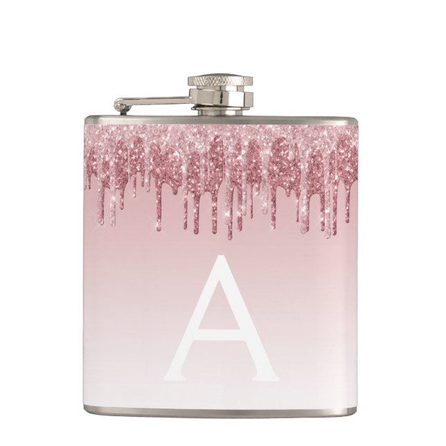 Pink Rose Gold Glitter and Sparkle Monogram Hip Flask (Front)