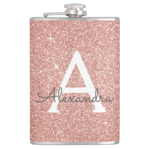 Pink Rose Gold Glitter and Sparkle Monogram Hip Flask