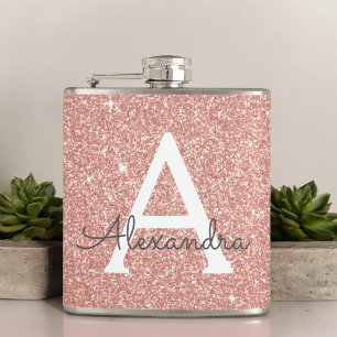 Pink Rose Gold Glitter and Sparkle Monogram Hip Flask