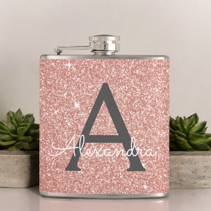 Pink Rose Gold Glitter and Sparkle Monogram Hip Flask