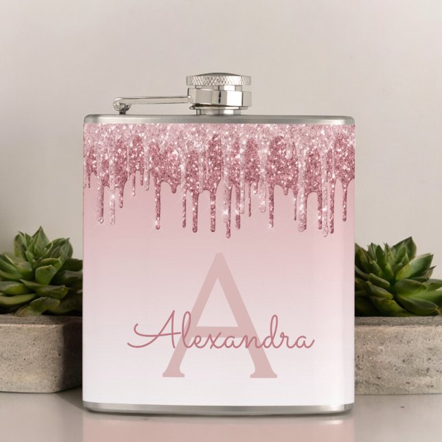 Pink Rose Gold Glitter and Sparkle Monogram Hip Flask (Creator Uploaded)