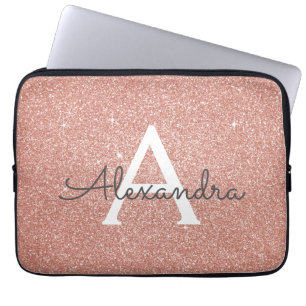 Pink Rose Gold Glitter and Sparkle Monogram Laptop Sleeve