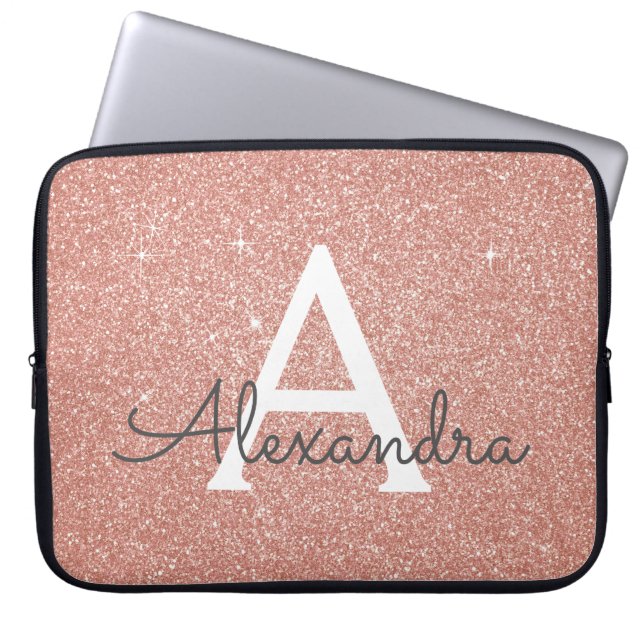 Pink Rose Gold Glitter and Sparkle Monogram Laptop Sleeve (Front)