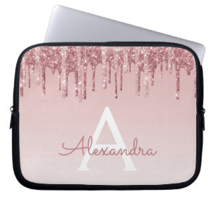 Pink Rose Gold Glitter and Sparkle Monogram Laptop Sleeve