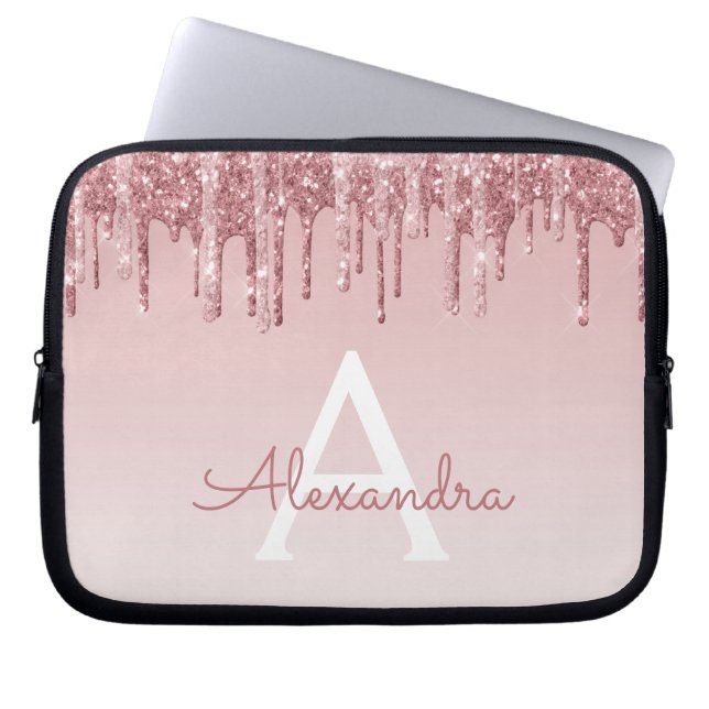 Pink Rose Gold Glitter and Sparkle Monogram Laptop Sleeve (Front)