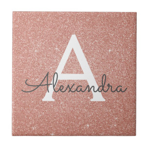 Pink Rose Gold Glitter and Sparkle Monogram Tile