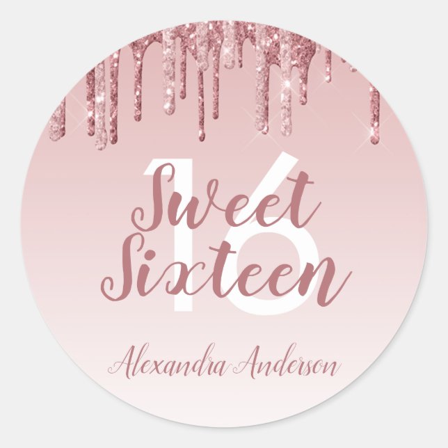 Pink Rose Gold Glitter and Sparkle Sweet 16 Classic Round Sticker (Front)