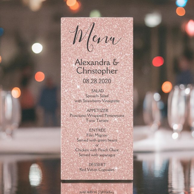 Pink Rose Gold Glitter and Sparkle Wedding Menu (Creator Uploaded)